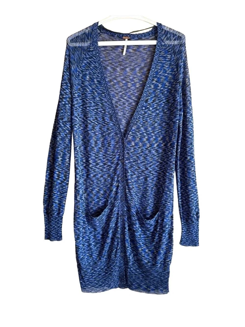 Free People Space Dye V-Neck Button Cardigan Blue Gray Womens L Sweater NWT